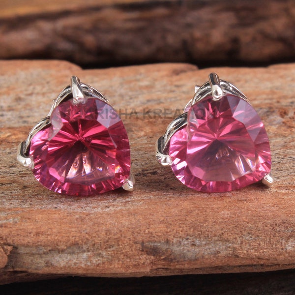 Pink Topaz Heart Earring,  Christmas gift ,925 Sterling Silver, Handmade Stud Jewelry