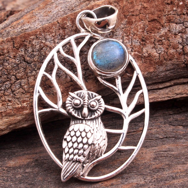 Owl Design Labradorite Amethyst Garnet Gemstone Tree Of Life Amazing Pendant -925 Sterling Silver Handmade Designer Charm Pendant Jewelry
