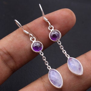 Amethyst & Moonstone Earrings, Women Silver Earrings, Solid 925 Silver Earring, Dangle Earring