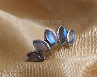 Handmade Marquise Moonstone Labradorite Ring, 925 Sterling Silver