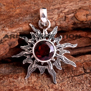 Sun Pendant, Red Garnet Gemstone Pendant, 925 Sterling Silver, Designer Jewelry,