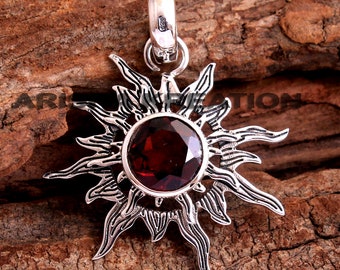 Sun Pendant, Red Garnet Gemstone Pendant, 925 Sterling Silver, Designer Jewelry,