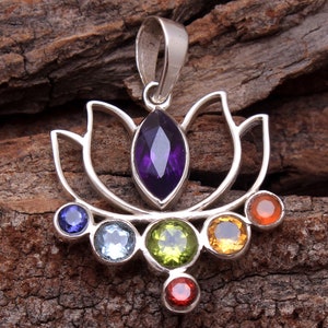 Lotus Pendant, Multi Stone Pendant, Chakra Pendant, 925 Sterling Silver, Handmade Jewelry, Gift For Her
