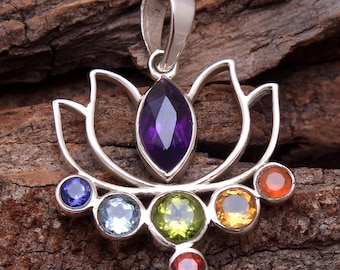 Lotus Pendant, Multi Stone Pendant, Chakra Pendant, 925 Sterling Silver, Handmade Jewelry, Gift For Her
