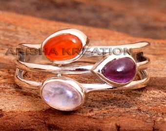 Handmade Sterling Silver Gemstone Ring: Carnelian, Moonstone, Amethyst, US Size 8