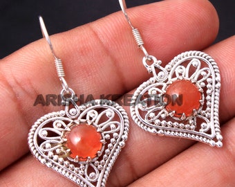 Carnelian Heart Earrings, Dangle Drop, 925 Sterling Silver Jewelry