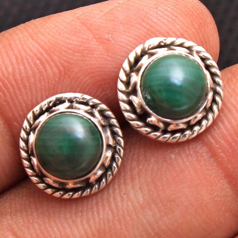 ae3713 925 Sterling Silver Handmade Designer Charm Stud Earring Jewelry Amazing Malachite Round Shape Gemstone Solid Stud Earring