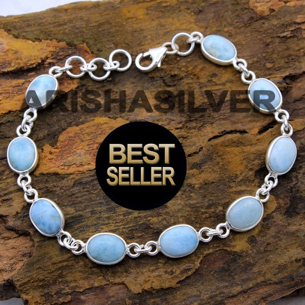 Pulsera Larimar, Joyería hecha a mano, Plata de ley 925, Pulsera llamativa, 7 - 7.5 "