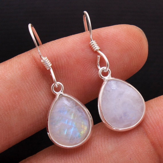 Natural Rainbow Moonstone Pear Gemstone Earring 925 Sterling