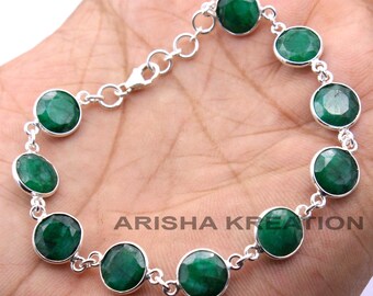 Faceted Sakota Mine Emerald Round  Gemstone Bracelet For Gift - 925 Sterling Silver Handmade Designer Bracelet Jewelry Length 8" - ab0366