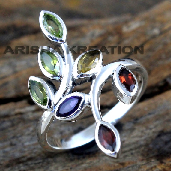 Bague En Argent Massif 925 – Avec Vraie Citrine Et Améthyste Verte – Neuf Sans Emballage