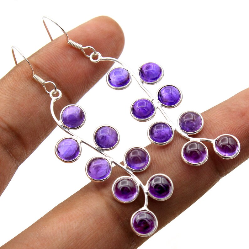 ae2729 Round Shape Natural Amethyst Gemstone Dangle Earrings 925 Sterling Silver Handmade Designer Drop /& Dangle Earring Length 2.25