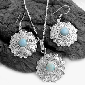 Floral Jewelry, Larimar Pendant, Silver Earring Pendant Set, 925 Sterling Silver, Handmade Jewelry Set