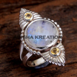 Silver Jewelry, Moonstone, Citrine Ring, Handmade Jewelry, Statement Ring, Gift For Her