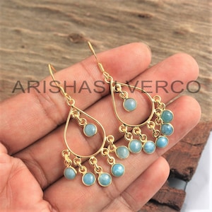 Larimar Moonstone Gemstone Earring, Chandelier Earring, 925 Sterling Silver, Handmade Dangle Earring, Yellow Gold Earring, Christmas Gift