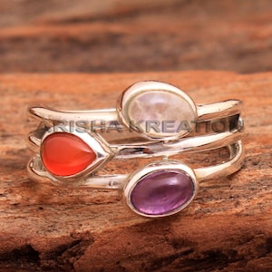 Amethyst Carnelian Moonstone Ring, Handmade Ring, Women Silver Ring, Mom Gift Ring, 925 Silver Ring