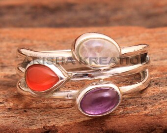Amethyst Carnelian Moonstone 925 Sterling Silver Ring