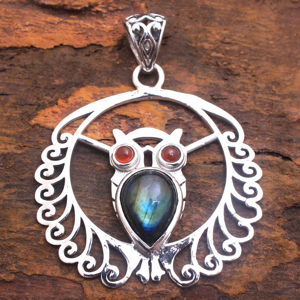 Handmade Sterling Silver Labradorite Carnelian Owl Pendant