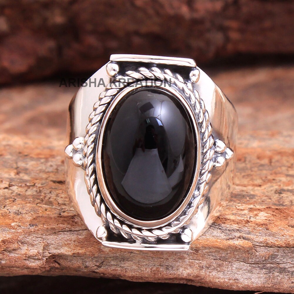 MEN SOLID 925 STERLING SILVER SQUARE BLACK ONYX VINTAGE RING