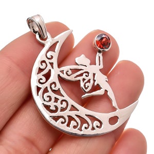 Women Unique Pendant Jewelry, Red Garnet Gemstone Pendant, Crescent Moon Pendant, Gorgeous Gift Jewelry, Bridesmaid Gifts Length 1.6&quot;