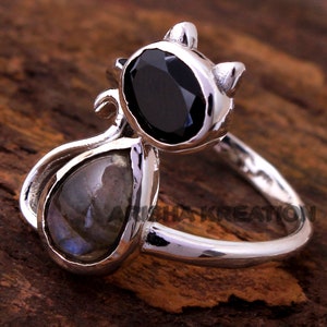 Labradorite, Black Onyx Ring, Cat Ring, Sterling Silver, Handmade Jewelry, Gift For Her, Animal Jewelry