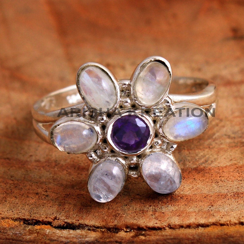 Moonstone Amethyst Ring Floral Ring 925 Silver Ring Beautiful
