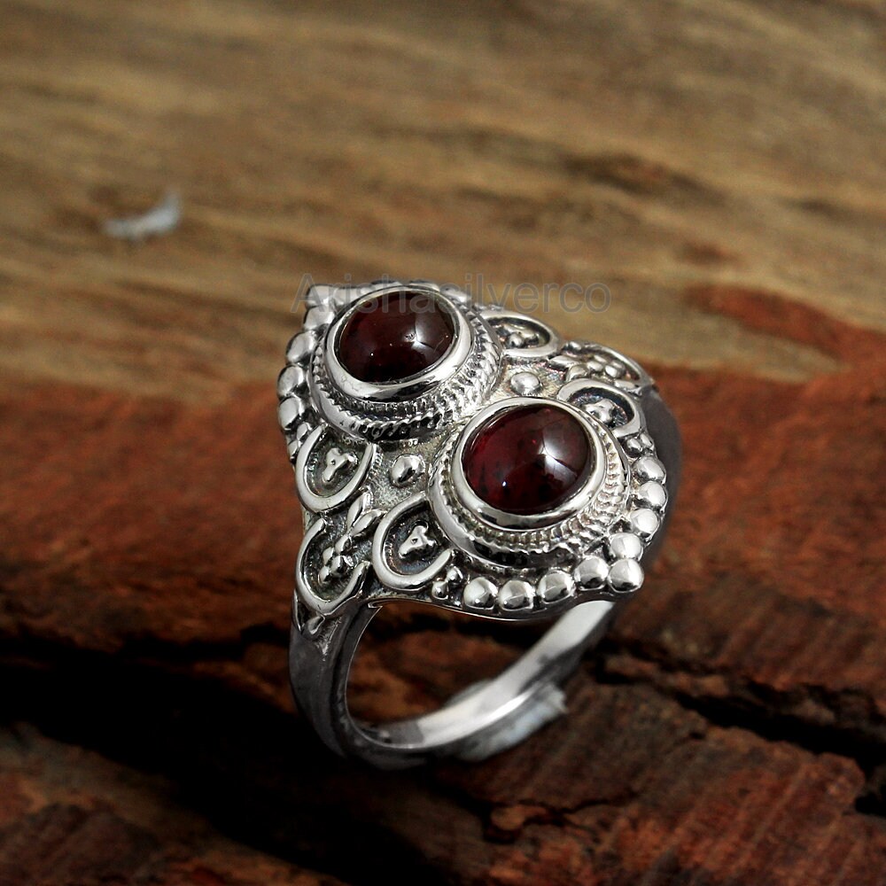 Bague En Argent 925 Sertie Grenat Et Péridot – Occasion – Bijou Pierres Fines