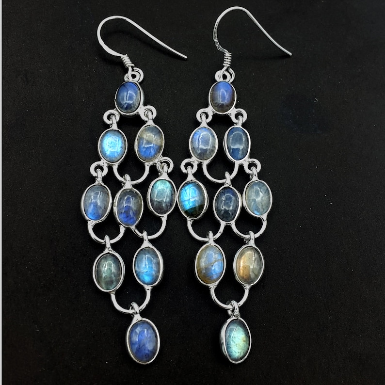 925 Sterling Silver Drop /& Dangle Long Earrings 3 ae0778 SALE !!! Natural Labradorite Oval Gemstone Pretty Long Earring