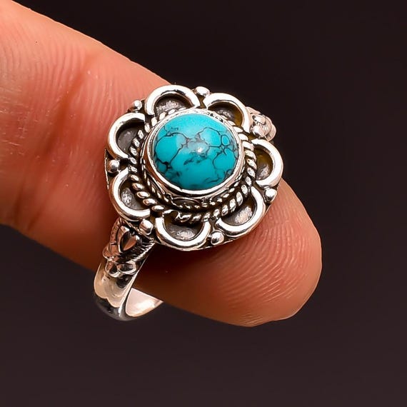 Designer Turquoise Round Gemstone Ring - 925 Sterling Silver