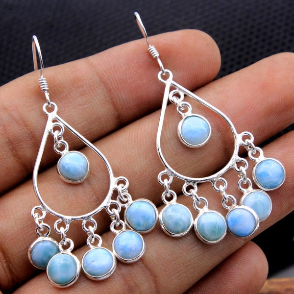 Handmade Larimar Chandelier Earrings: 925 Sterling Silver Dangle