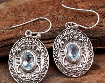 Blue Topaz Earrings , 925 Sterling Silver , Handmade Jewelry , Drop & Dangle Earrings , Gifts For Her