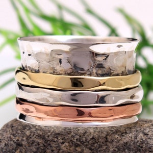 Anillo giratorio de plata de ley 925, banda de meditación martillada en tres tonos