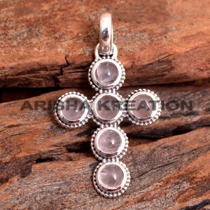 Rose Quartz Round Shape Gemstone Cross Pendant For Gift - 925 Sterling Silver Handmade Designer Pendant Jewelry Length 1.5" - ap5364
