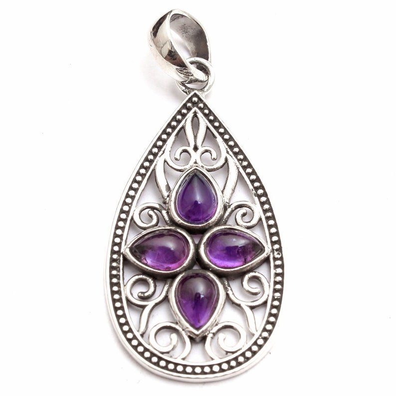 925 Vintage Rectangular Black Blue Multi Color Pendant with Amethyst in Sterling Silver Mount