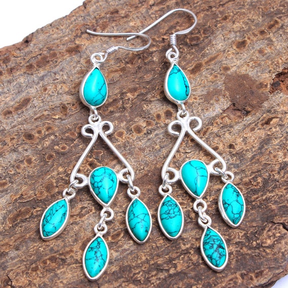 Blue Turquoise Natural Nuggets Set In 925 Solid Sterling Silver Handmade Gemstone Dangle Earrings - Foto 3