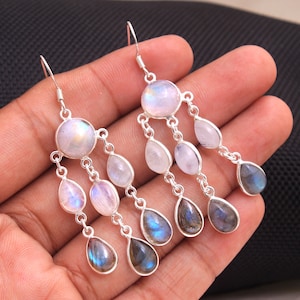 Pendientes de piedra lunar, plata de ley 925, joyería hecha a mano, pendientes colgantes, regalos para ella