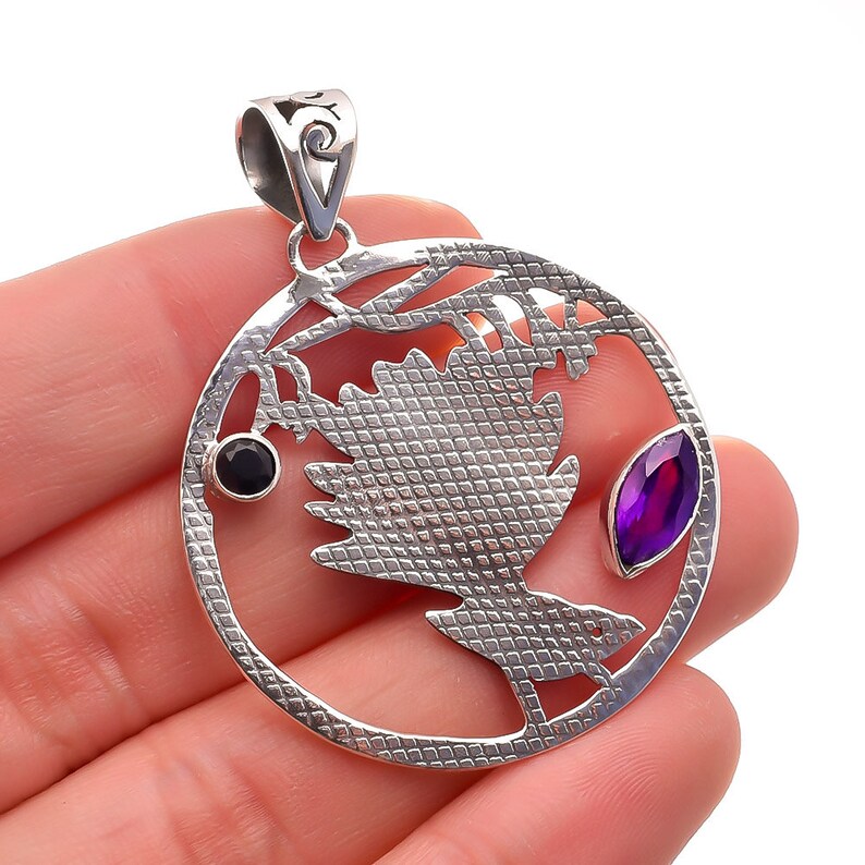 Beautiful Humming Bird Amethyst Black Onyx Gemstone Antique Pendant 925 Sterling Silver Handmade Designer Pendant Length 1.9 ap0694