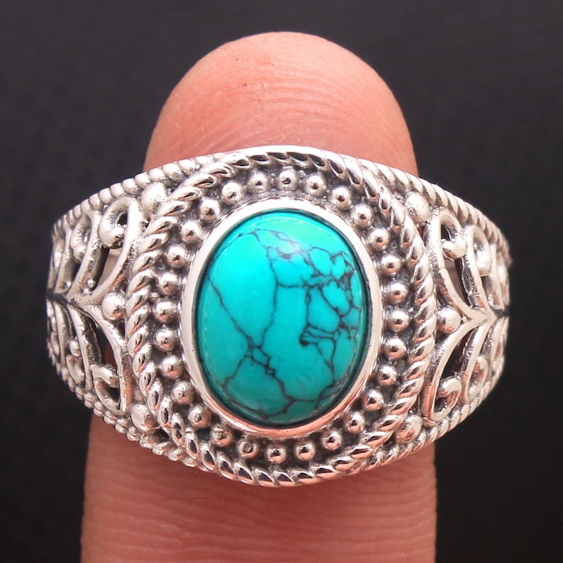ar4536 Filigree Design Turquoise Oval Shape Gemstone Solid Ring 925 Sterling Silver Handmade Designer Ring Jewelry Size US 7.75