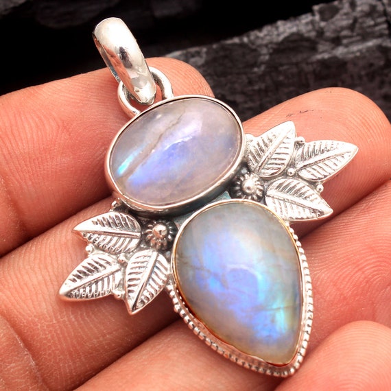 Amazing Rainbow Moonstone Oval Pear Gemstone Stylish Pendant 925  Sterling Silver Handmade Designer Pendant Jewelry Length