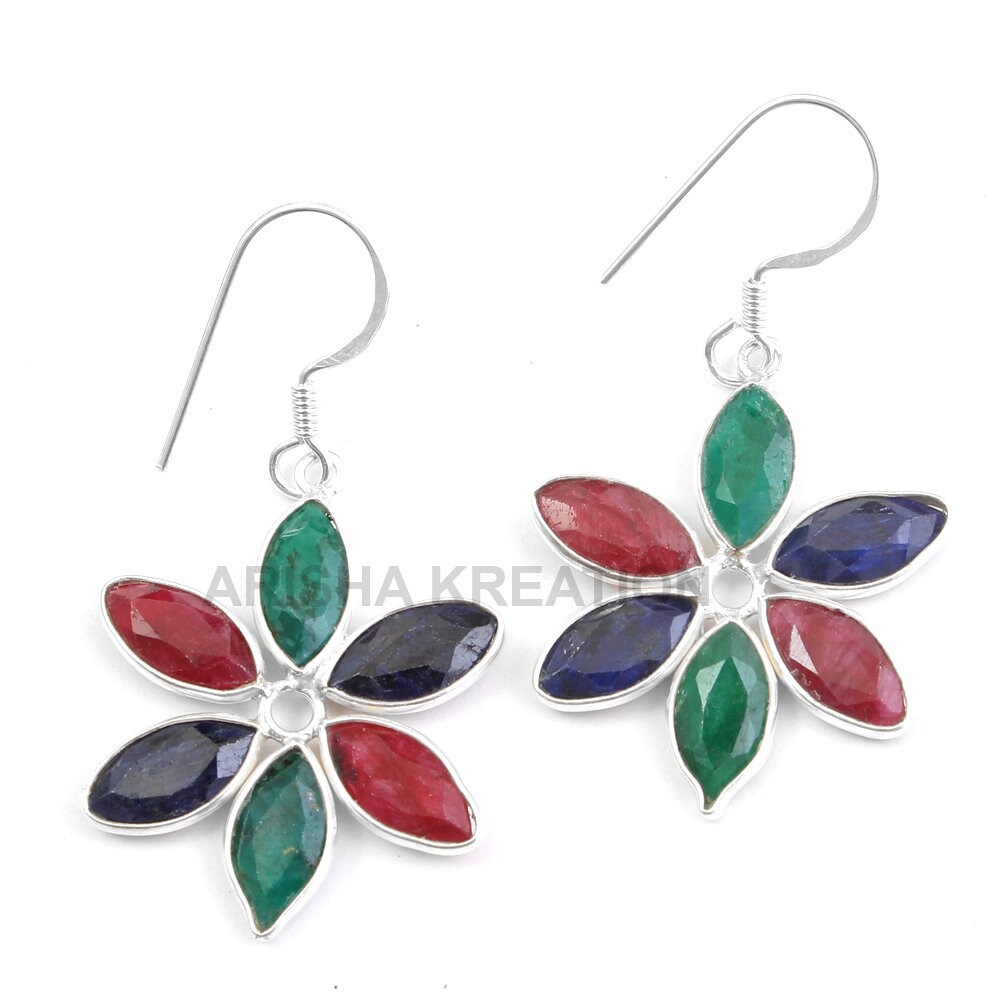 Silver Earring Emerald Ruby Sapphire Gemstone Earring - Etsy