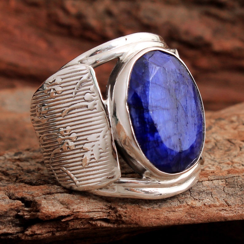 925 Sterling Silver Handmade Designer Unisex Ring Jewelry Size US 5.25 ar5377 Faceted Blue Sapphire Oval Shape Gemstone Solid Ring