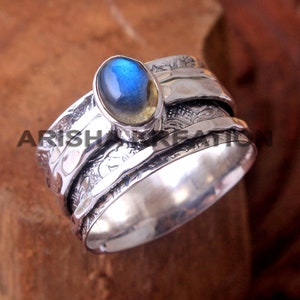 925 Sterling Silber, Edelstein Ring, Designer Ring, Handgemachter Ring, Spinner Band, Boho Ring, Lünettenring, Angst Band