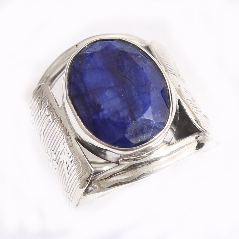 925 Sterling Silver Handmade Designer Unisex Ring Jewelry Size US 5.25 ar5377 Faceted Blue Sapphire Oval Shape Gemstone Solid Ring