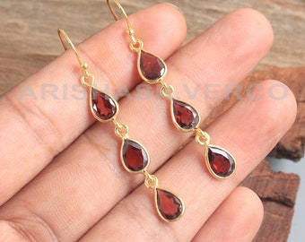 Labradorite & Garnet Dangle Earrings, Gold Plated Jewelry, Women Earrings, Gift For Her