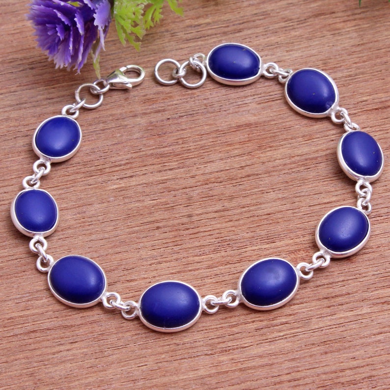 Mother/'s Day Special Blue Lapis Lazuli Oval Gemstone Bracelet 925 Sterling Silver Women Bracelet length 7.25 ab0252