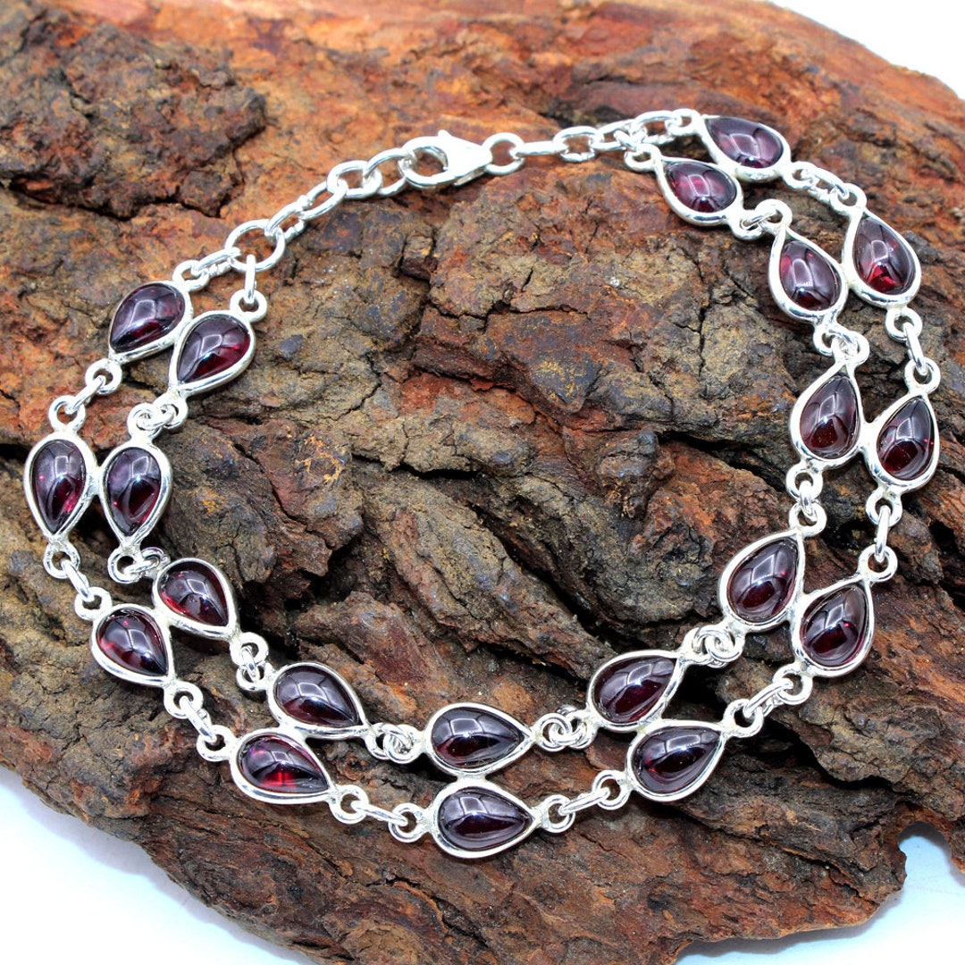 Uloveido Pulsera De Granate Natural Para Mujer, Plata De Ley 925, Piedra Preciosa Roja, Piedra Natal De Enero, Regalo De Cumpleaños FB054, 9 Inch, Cristal, Granate
