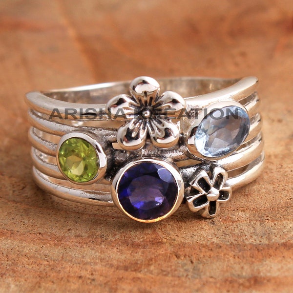 Handmade Sterling Silver Gemstone Ring – Iolite, Topaz, Peridot