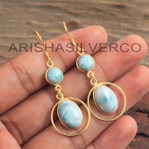 Larimar Earring, 925 Silver Earring, Designer Earring, Handmade Yellow Gold Jewelry, Gift For Her, Silver Jewelry, Women Dangle Earring