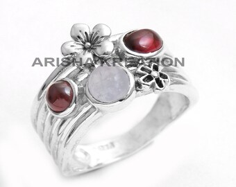 Granat und Mondstein 925 Sterling Silber Ring, Boho Blumen Design