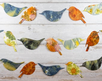 Ecodyed Paper Bird Horizontal Garland, Colorful Party Decor, Cheerful Botanical Birds, For Bird Lover, For Baby Shower, Ecofriendly, 8’ Long